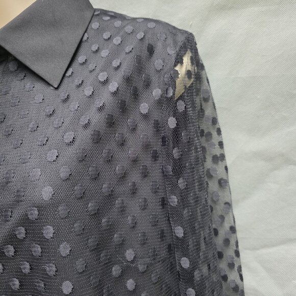 MANTU Made In Italy Black Dress Lace Dot Overlay Pleated Skirt Collared Designer - Picture 3 of 6